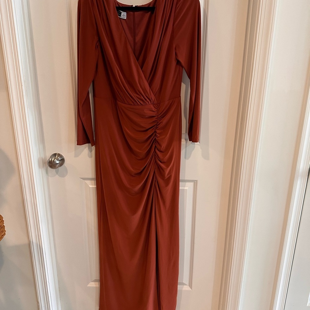 Elegant Burnt Sienna Long Sleeve Ruched Formal Gown- Size 14